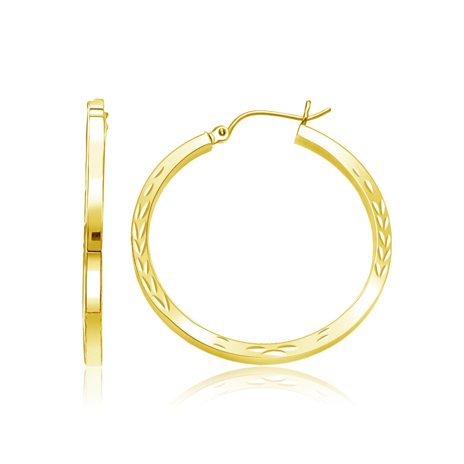 14k Yellow Gold Diamond Cut Hoop Earrings(2x35mm) in a sleek high-contrast midnight luxury editorial style